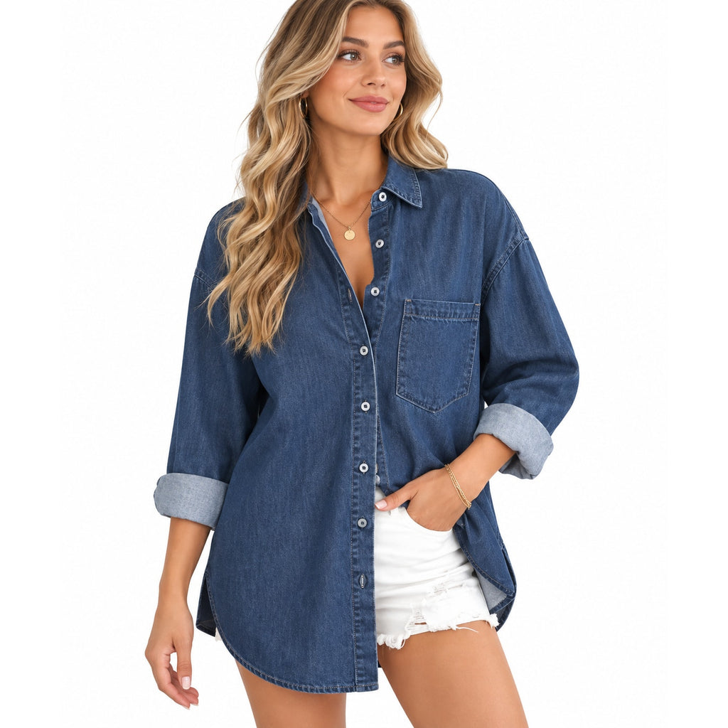 Fantaslook women's denim shirt with long sleeves and button-down front, size small, casual stylish denim blouse.