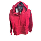 Moshu women's half button sweatshirt hoodie with drawstrings, size L, in soft fabric, casual pullover with front button detail.