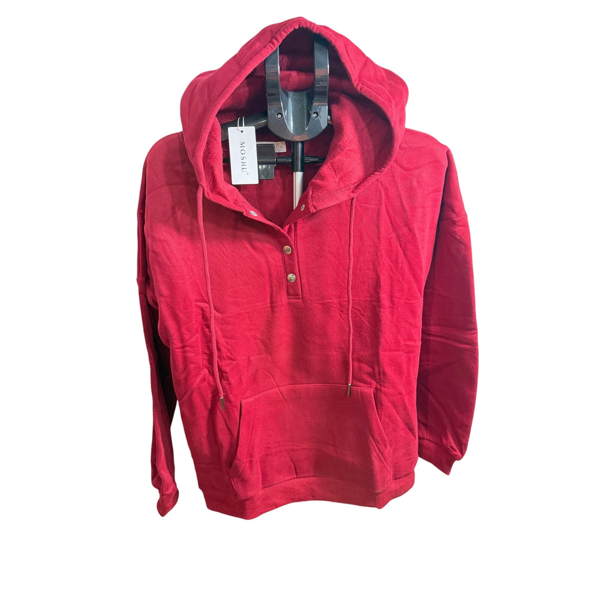 Moshu women's half button sweatshirt hoodie with drawstrings, size L, in soft fabric, casual pullover with front button detail.