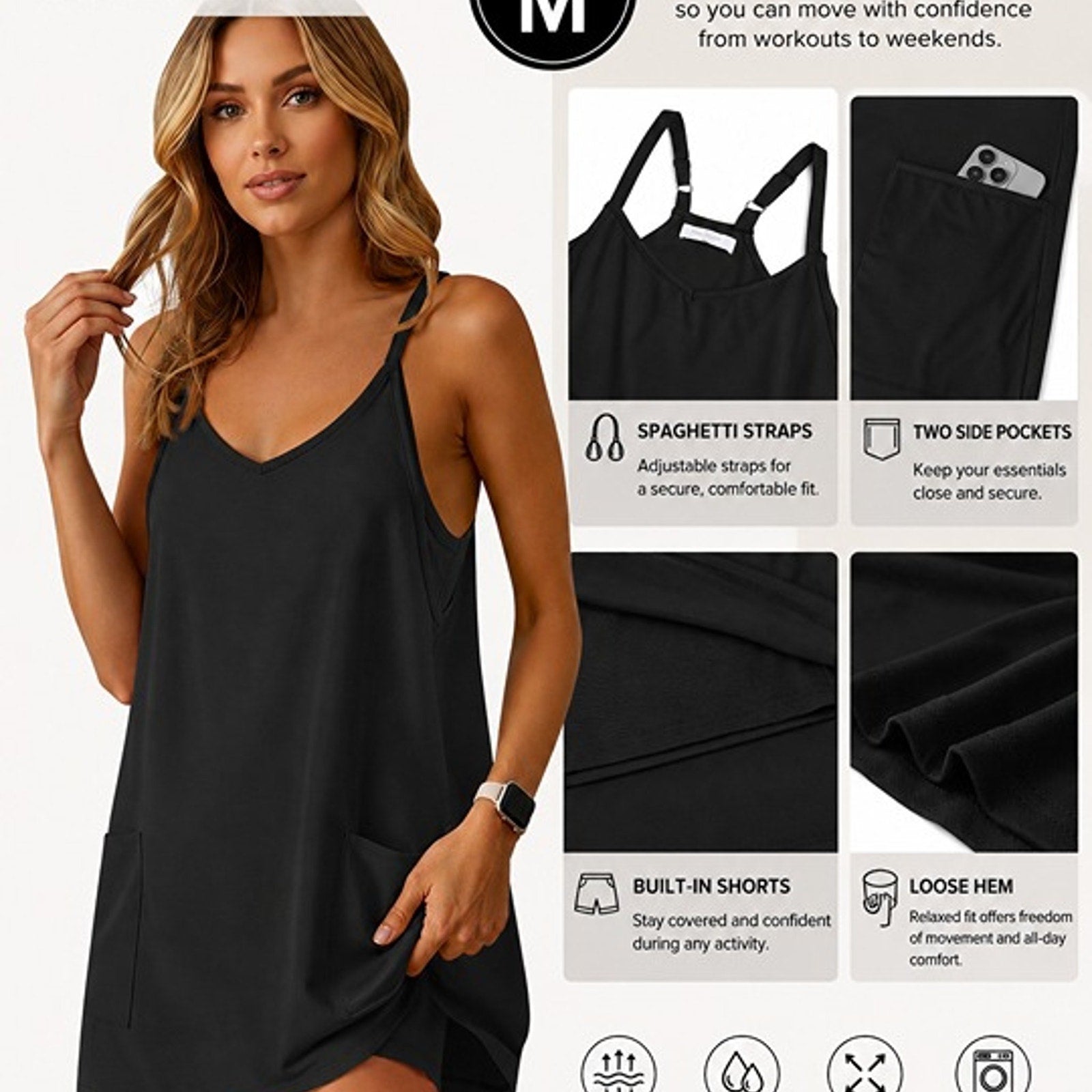 NEW Rosvigor 2-in-1 Active Dress Black Size M Built-In Shorts FREE Shipping