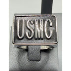 Silver men's US Marine Corps signet ring with engraved USMC emblem, size 11, featuring detailed military insignia.