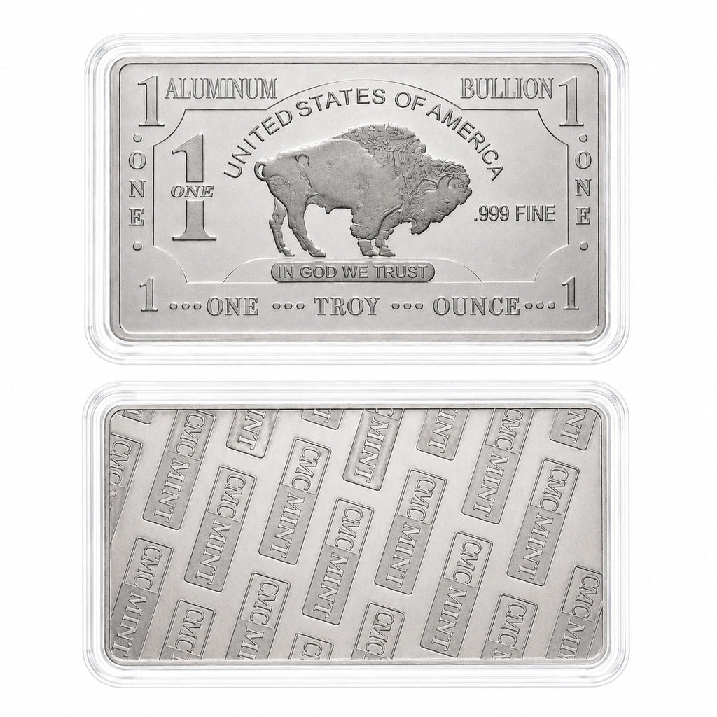 Aluminum .999 fine 1 oz collectible bar in protective case by CMC Mint, featuring detailed engravings and a sleek finish.