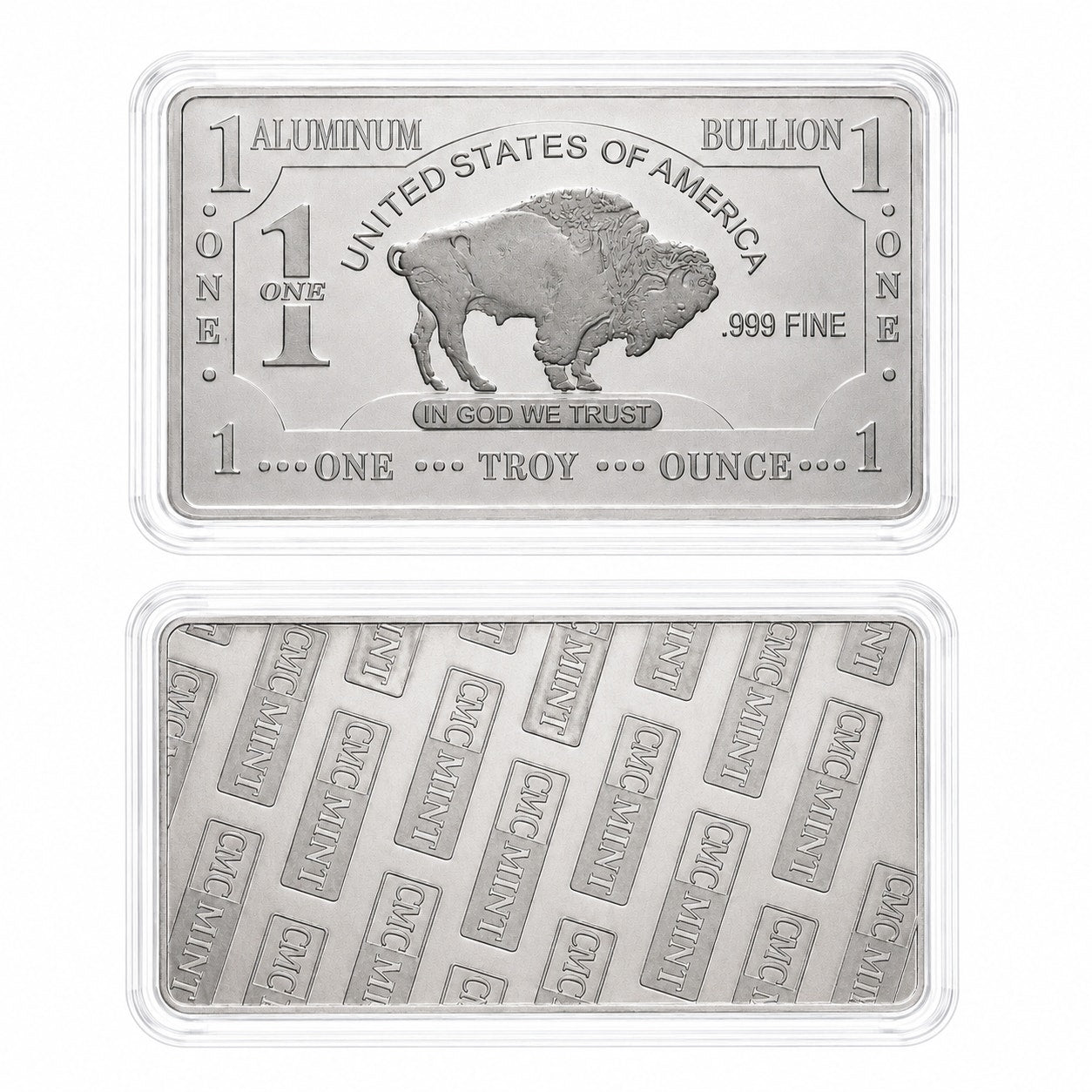 Aluminum .999 fine 1 oz collectible bar in protective case by CMC Mint, featuring detailed engravings and a sleek finish.