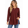 Moshu women's crewneck sweatshirt with side split, long sleeves, in size XL, soft fabric, casual style, front view.