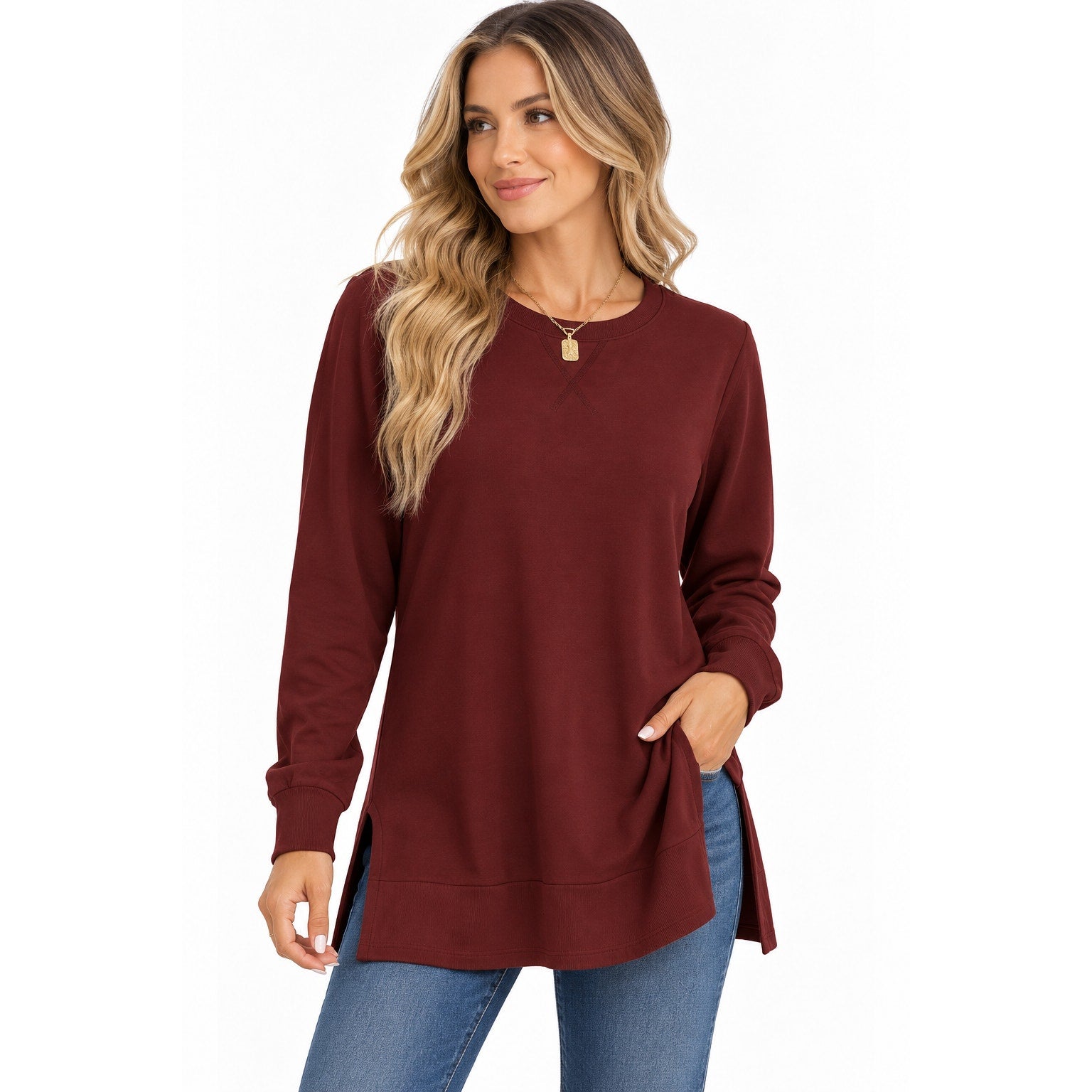 Moshu women's crewneck sweatshirt with side split, long sleeves, in size XL, soft fabric, casual style, front view.