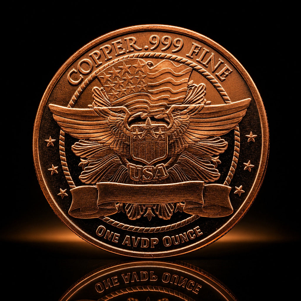 Republic Mercantile 1 oz .999 fine copper collectible coin featuring the Standing Liberty design on a detailed coin image.