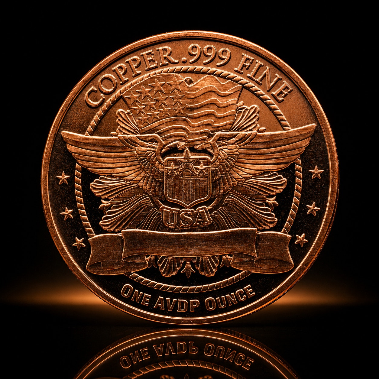 Republic Mercantile 1 oz .999 fine copper collectible coin featuring the Standing Liberty design on a detailed coin image.