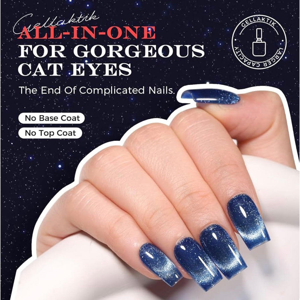 Gellaktik Cat Eye Gel Topcoat in blue applied on nails, showcasing a glossy, cat eye effect for a stylish nail finish.