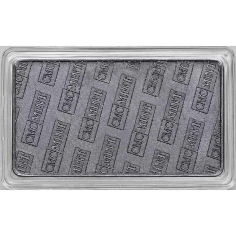 Troy oz Lead Collectible Bar in protective case by CMC Mint, featuring detailed design on the metallic surface.