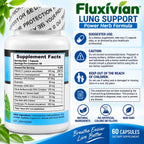 Fluxivian Lung Support Power Herb Formula 60 capsules showing the supplement bottle and herbal ingredients.