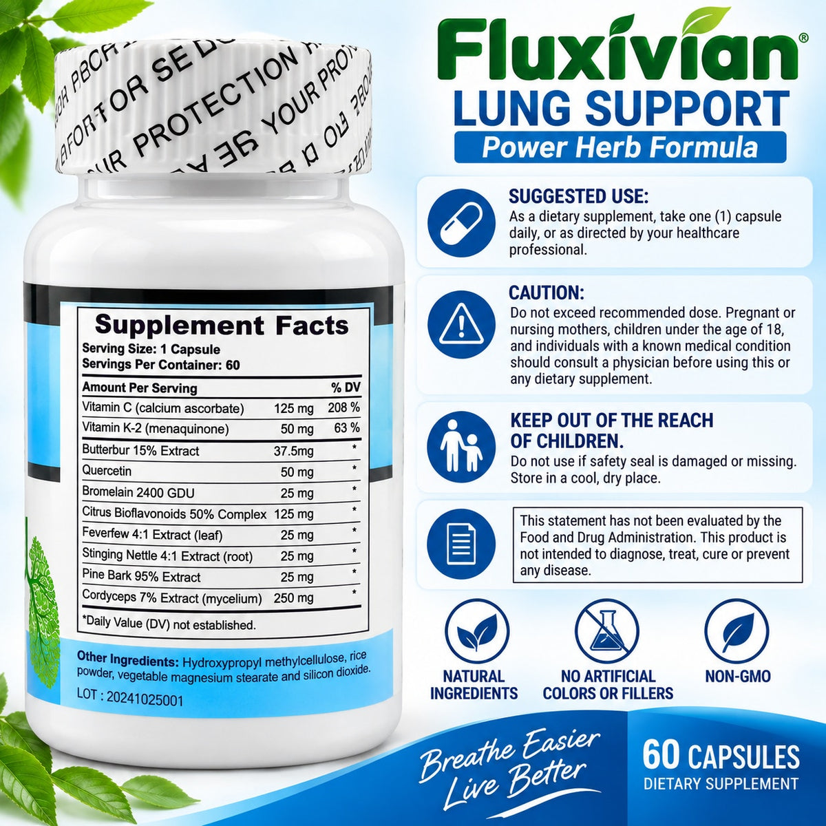Fluxivian Lung Support Power Herb Formula 60 capsules showing the supplement bottle and herbal ingredients.