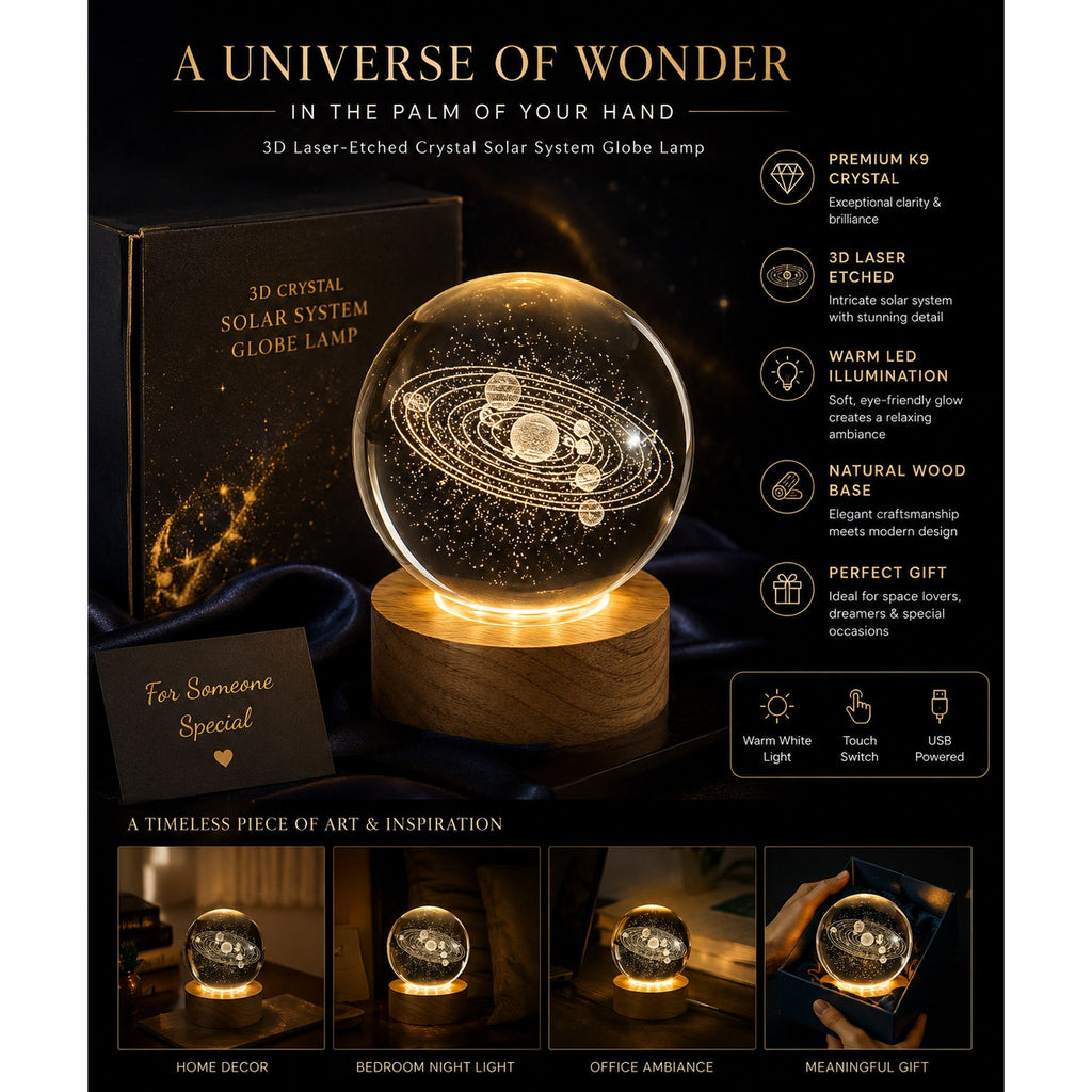 Laser etched crystal ball with universe design on LED stand by Republic Mercantile, showcasing detailed cosmic artwork.