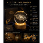 Laser etched crystal ball with universe design on LED stand by Republic Mercantile, showcasing detailed cosmic artwork.
