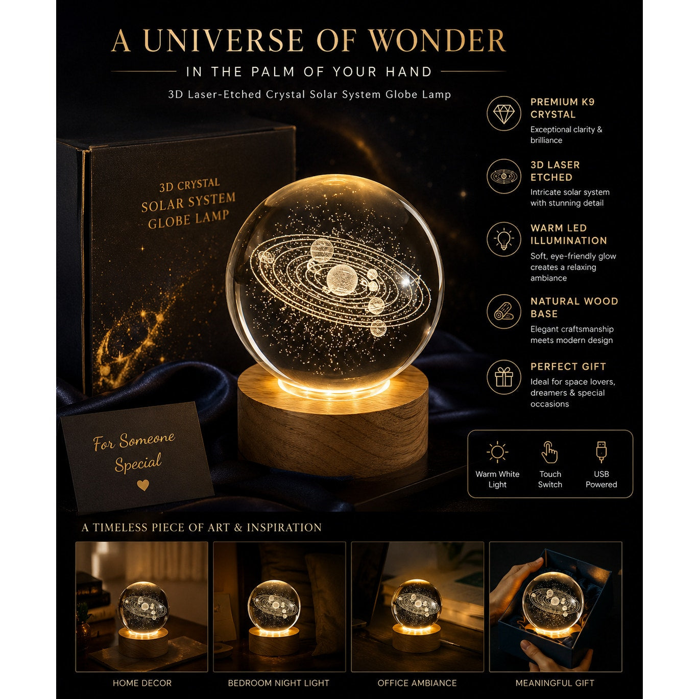 Laser etched crystal ball with universe design on LED stand by Republic Mercantile, showcasing detailed cosmic artwork.