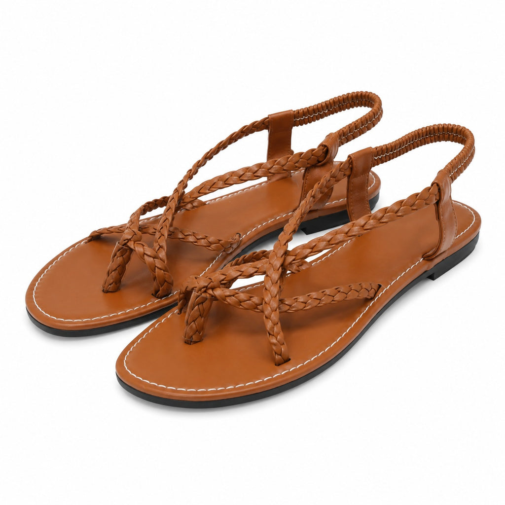 Agaq brown leather braided strap sandals size 11 (EU 42) with open toe and ankle strap, casual summer footwear.