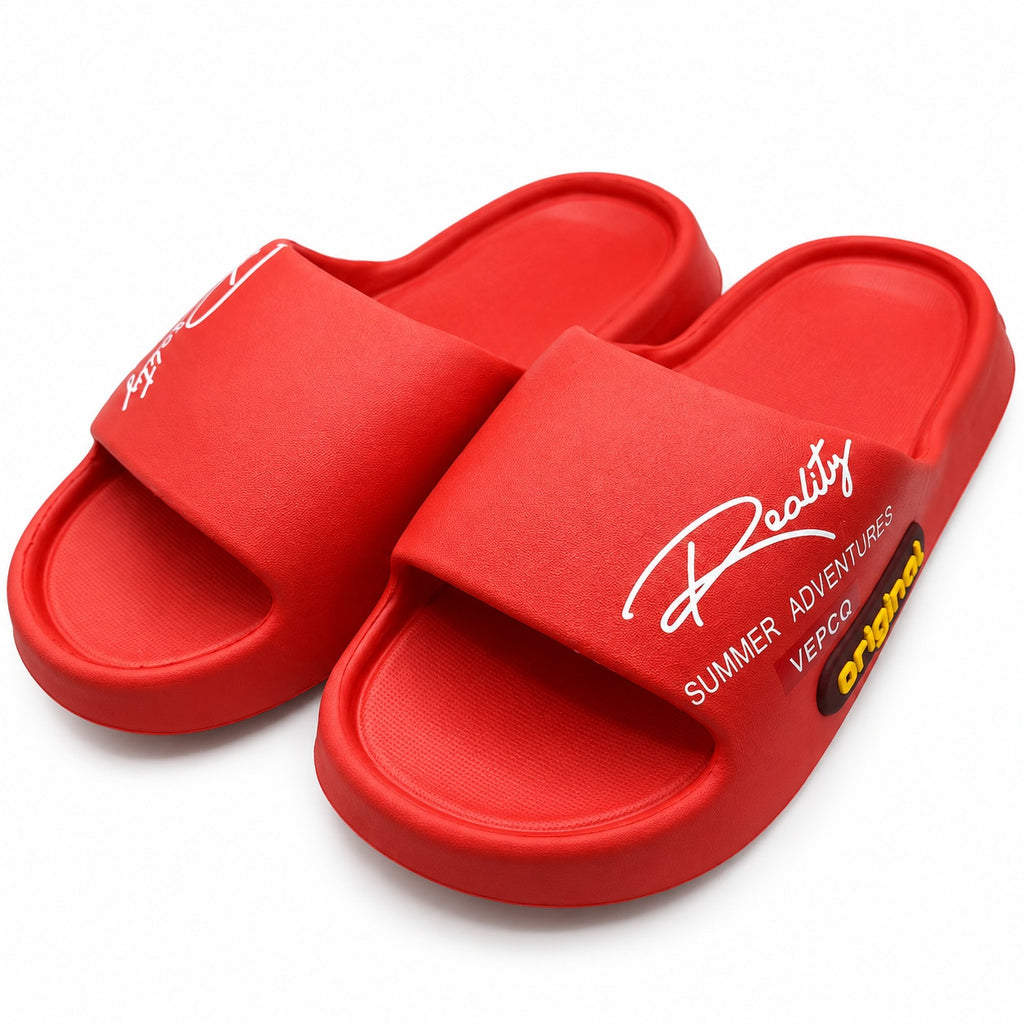 Red VEPCQ foam slides for women’s size 7 and men’s size 5, featuring a comfortable open-toe design.