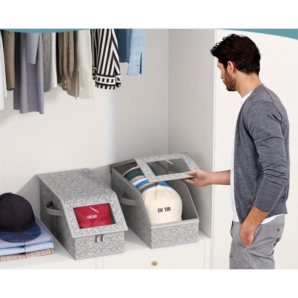 Stackable hat storage boxes by Republic Mercantile, 8x16x6 inches, designed to organize up to 20 hats or accessories.