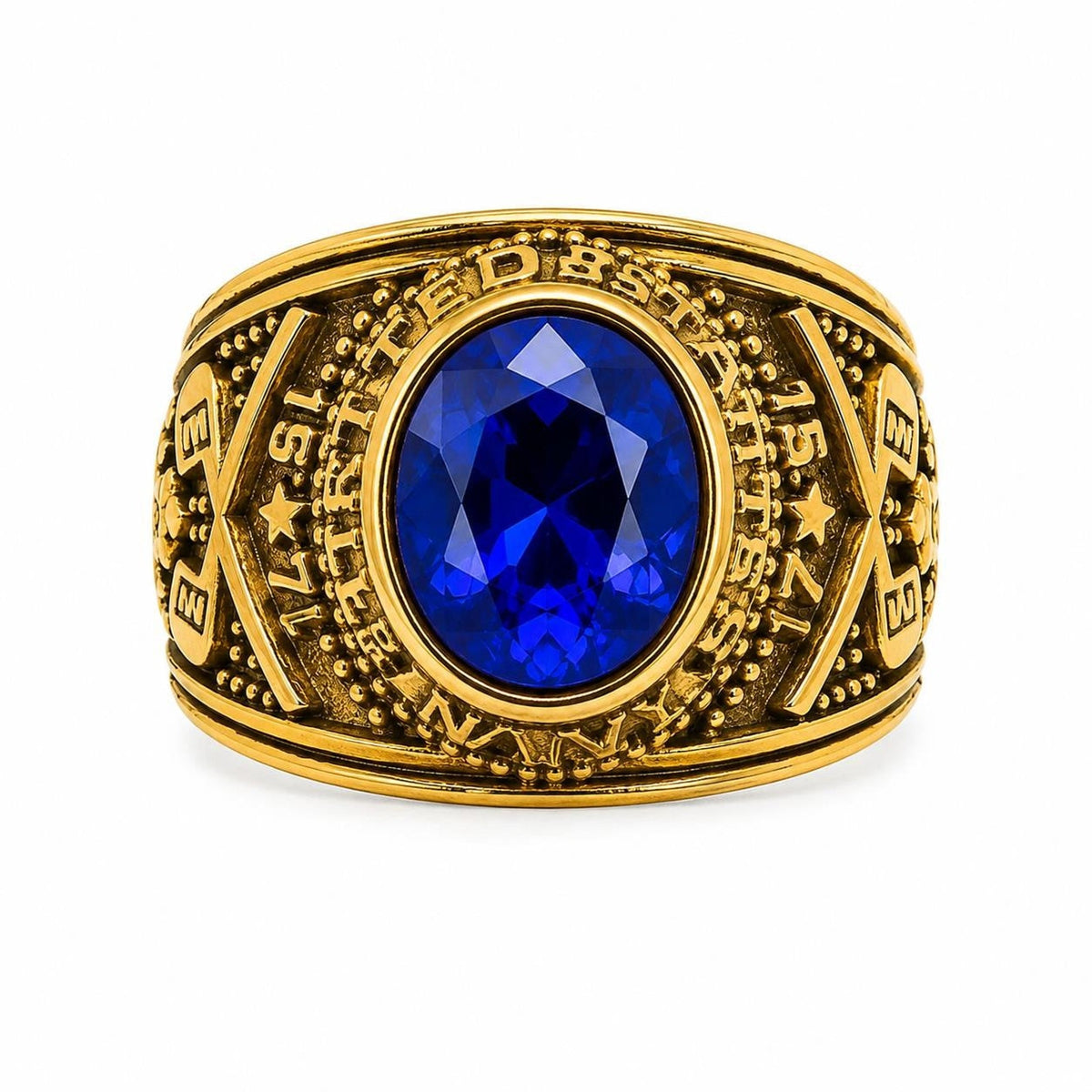 Men's US Navy signet ring in gold with blue accent, size 9, featuring detailed navy emblem and polished finish.