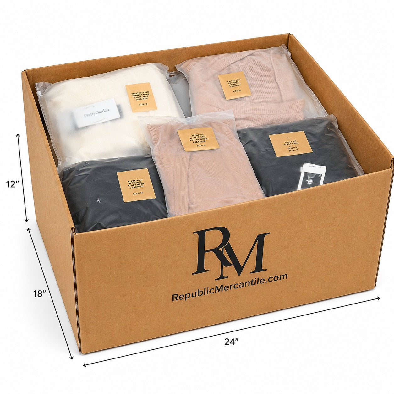 Wholesale box lot of Republic Mercantile 33-piece cardigan and sweater set, featuring various knitwear styles and colors, 28.5 lbs.