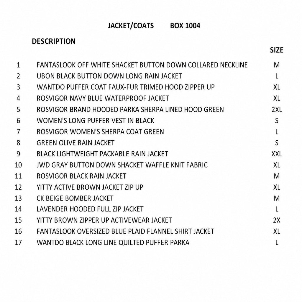 17-piece wholesale box of new jackets and coats from Republic Mercantile, assorted styles, 24 pounds of reseller inventory.