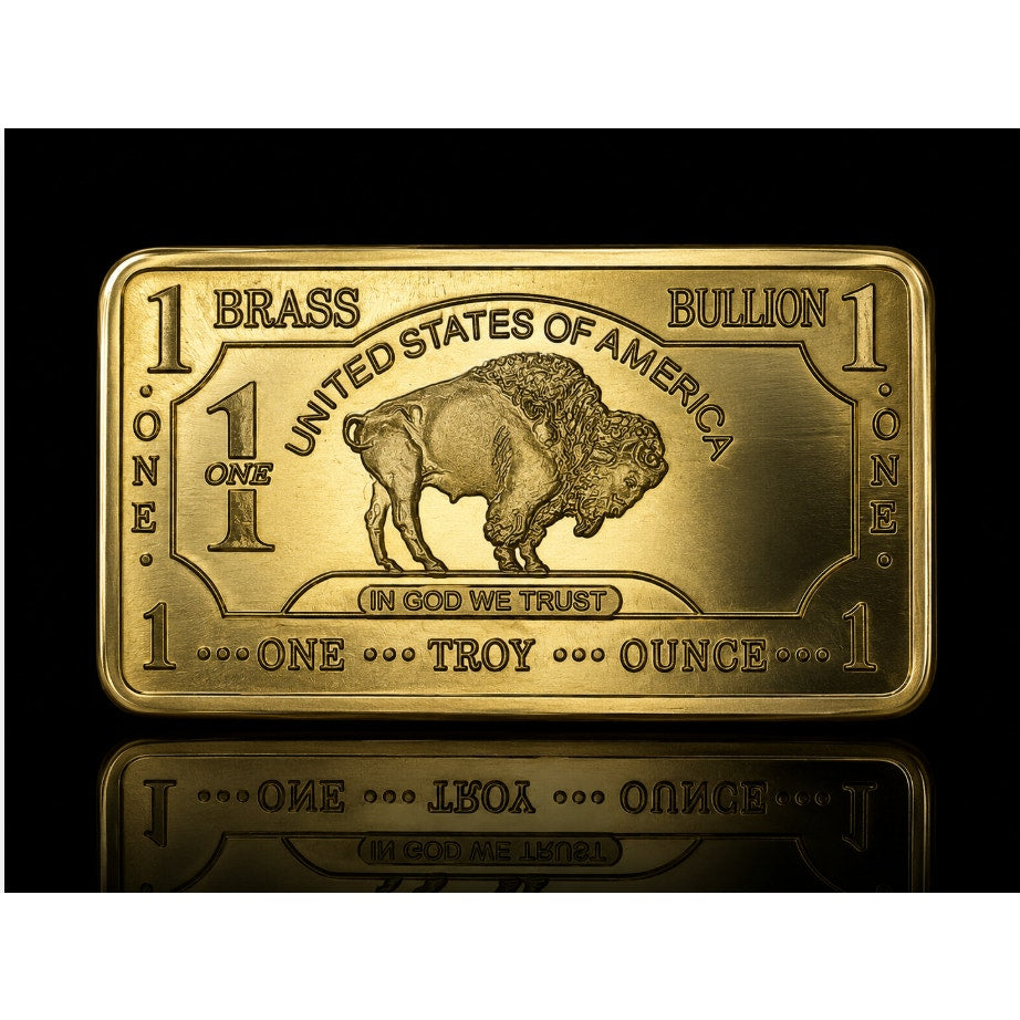 Troy ounce brass alloy collectible bar from CMC Mint with detailed engravings and a polished finish.