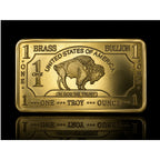 Troy ounce brass alloy collectible bar from CMC Mint with detailed engravings and a polished finish.