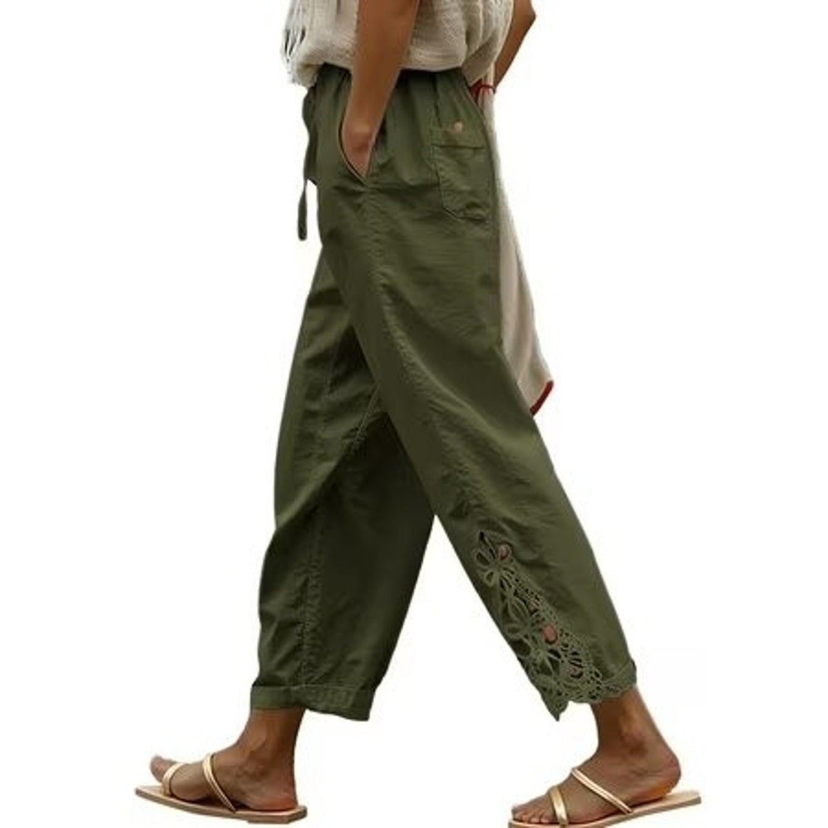 Lightweight cotton women's casual pants by Dokotoo with drawstring and elastic waistband, size M, shown on a model.
