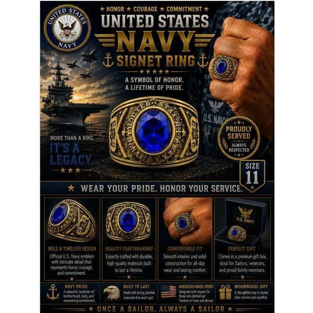 Men's US Navy signet ring in gold and blue with size 11, featuring detailed Navy insignia and Republic Mercantile branding.