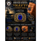 Men's US Navy signet ring in gold and blue with size 11, featuring detailed Navy insignia and Republic Mercantile branding.