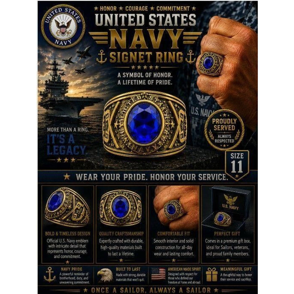 Men's US Navy signet ring in gold and blue with size 11, featuring detailed Navy insignia and Republic Mercantile branding.