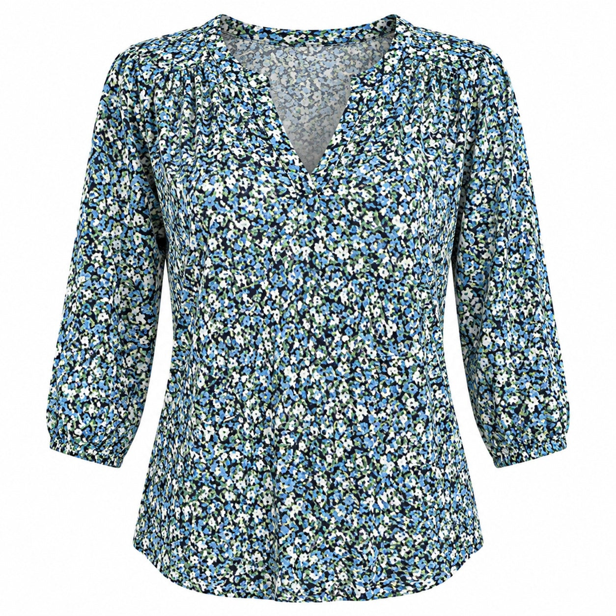 Ronuti women's 3/4 sleeve V-neck tunic shirt with loose fit and curved hem, size M, shown on a mannequin.