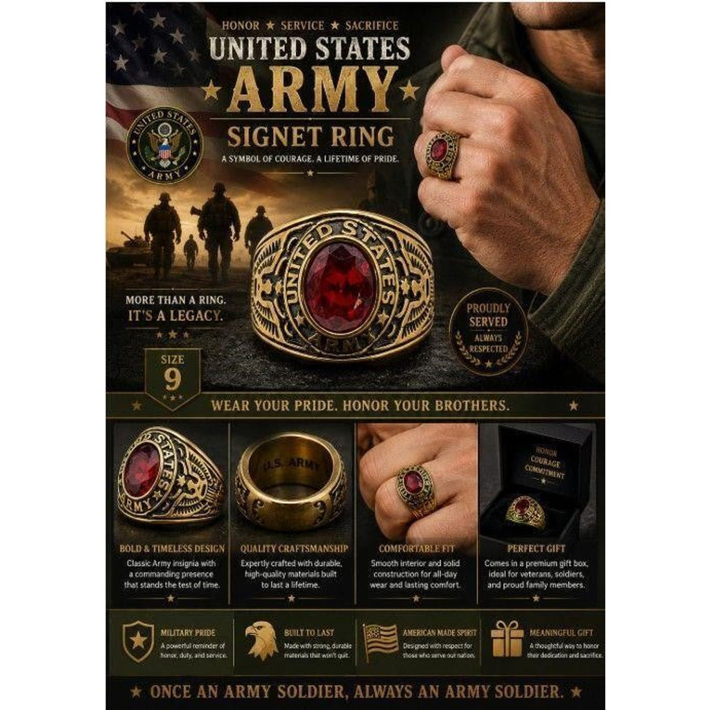 Men's US Army signet ring in gold and red, size 10, from Republic Mercantile, featuring detailed military insignia.