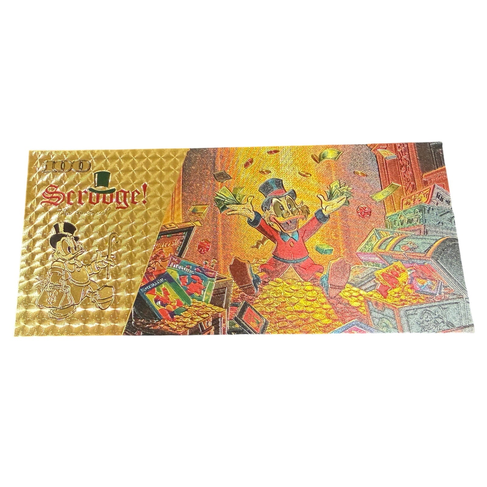 Disney's Scrooge McDuck gold-foil novelty note featuring a colorful illustration of Scrooge McDuck on a shiny gold background.