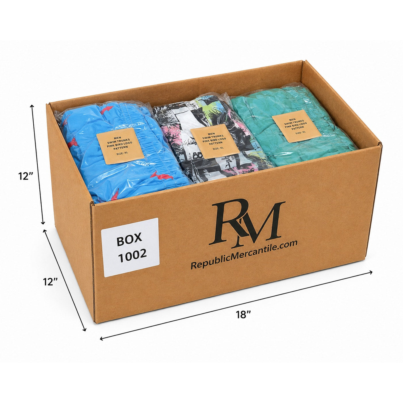 Set of new men's swim trunks in the Republic Mercantile 45-piece wholesale lot, displayed in assorted colors and sizes.