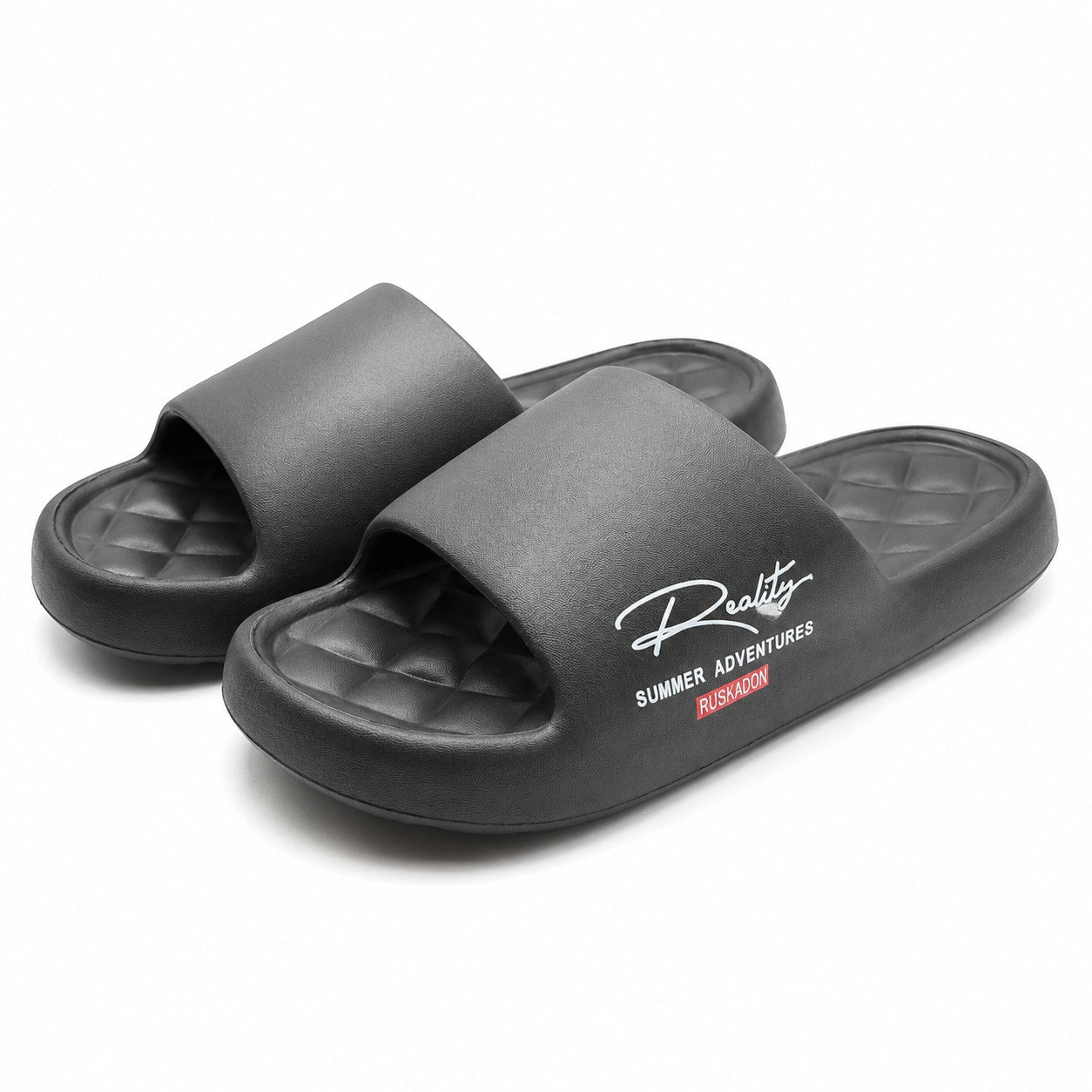 Black Busy Lion Reality Summer Adventures slides in size 9.5-10, featuring a playful lion design with open-toe slip-on style.