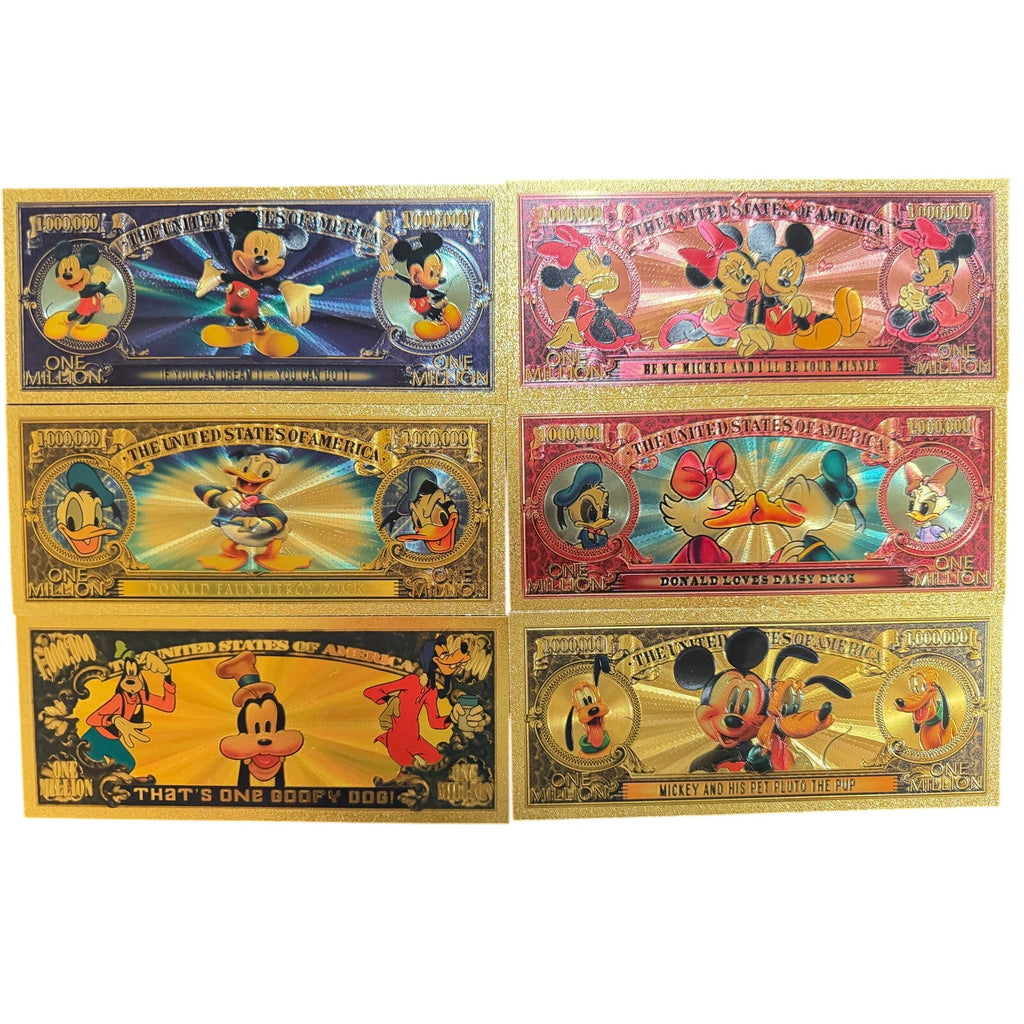 Disney 6-piece novelty note set featuring Mickey, Minnie, Donald, Daisy, and more with gold fold design.