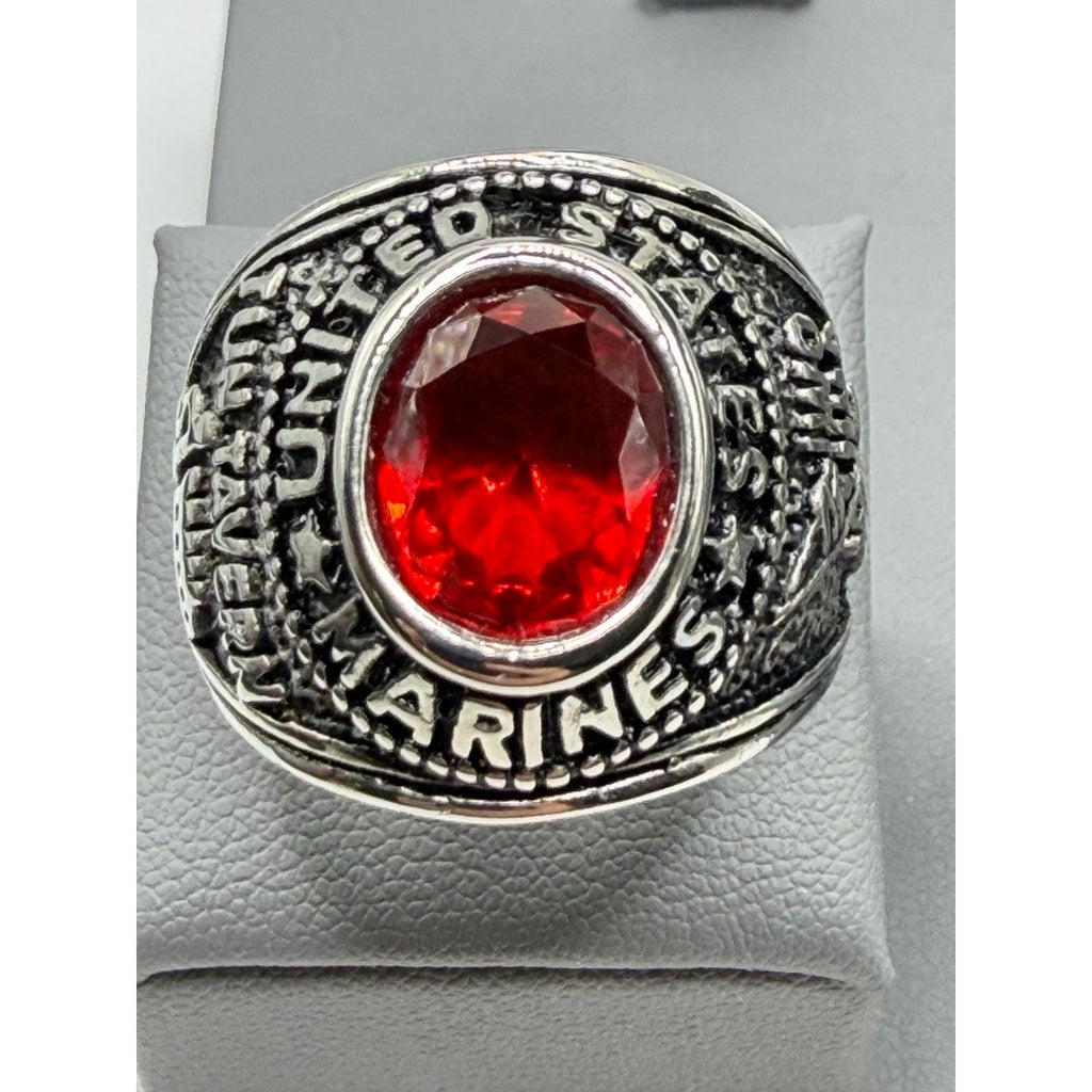 Men's US Marine Corps signet ring in silver with red accents, size 9, featuring detailed Marine emblem and Republic Mercantile branding.
