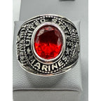 Men's US Marine Corps signet ring in silver with red accents, size 9, featuring detailed Marine emblem and Republic Mercantile branding.