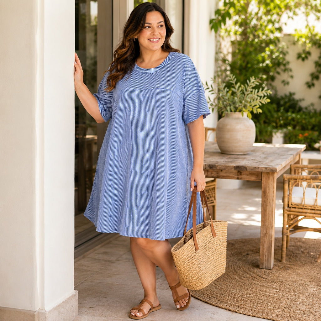 Fantaslook Blue & White Dress, Short-Sleeve Size 2XL