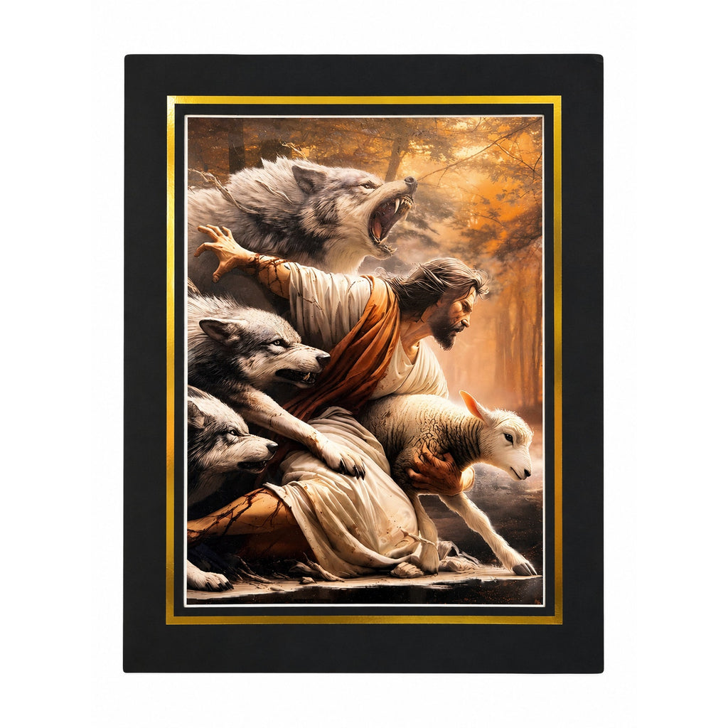 12x16 inch canvas art print of Jesus the Protector with 16x20 mat, by Republic Mercantile, featuring religious imagery and detailed artwork.