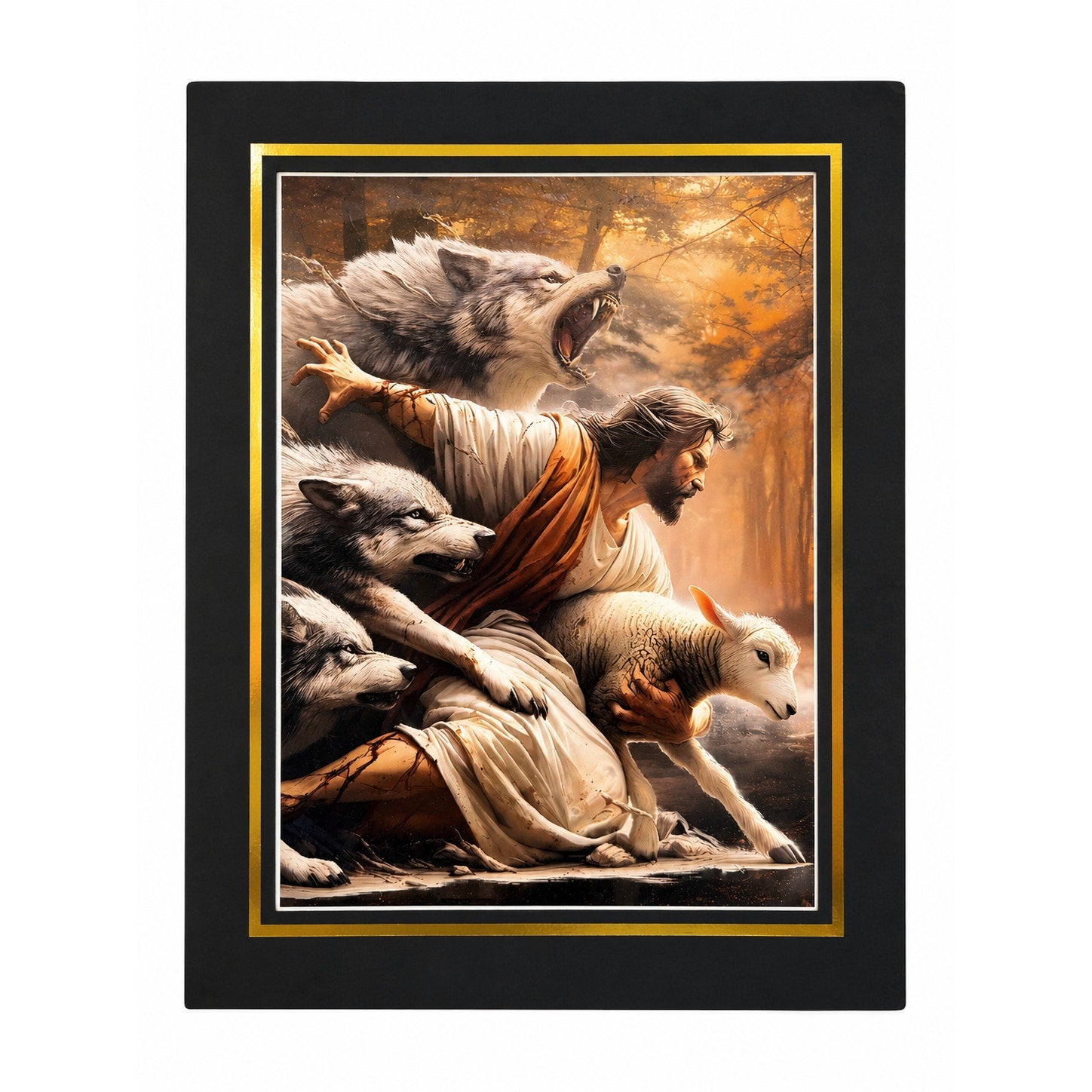 12x16 inch canvas art print of Jesus the Protector with 16x20 mat, by Republic Mercantile, featuring religious imagery and detailed artwork.