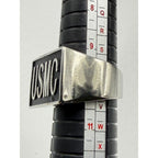 Silver US Marine Corps signet ring for men, size 10, with engraved USMC emblem, crafted by Republic Mercantile.