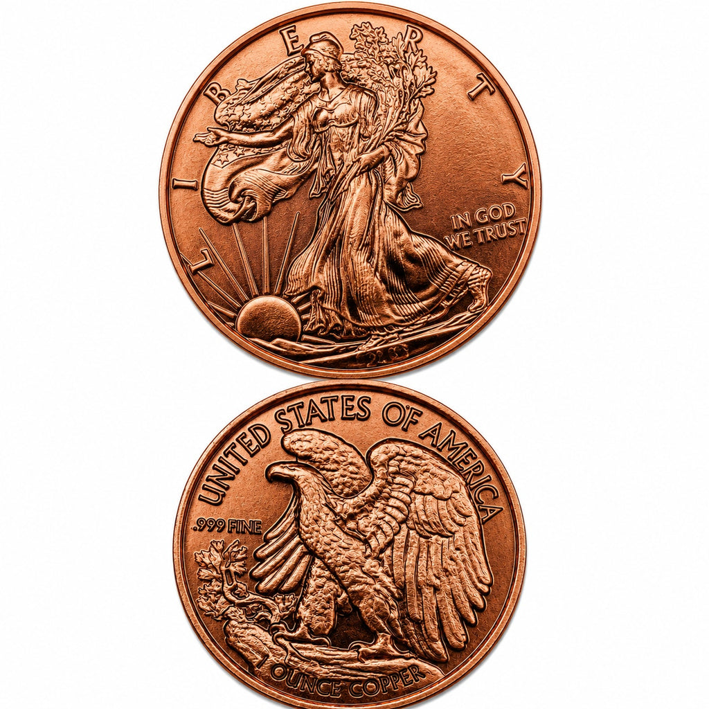 Close-up of a .999 fine copper collectible coin featuring the Walking Liberty design by Republic Mercantile.