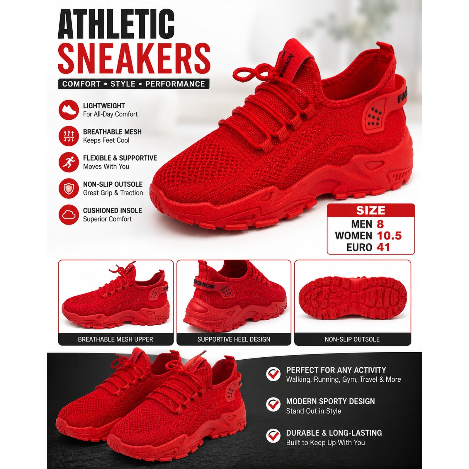 Women's Republic Mercantile athletic sneakers in red, size 10.5, with a sleek design and breathable mesh upper.