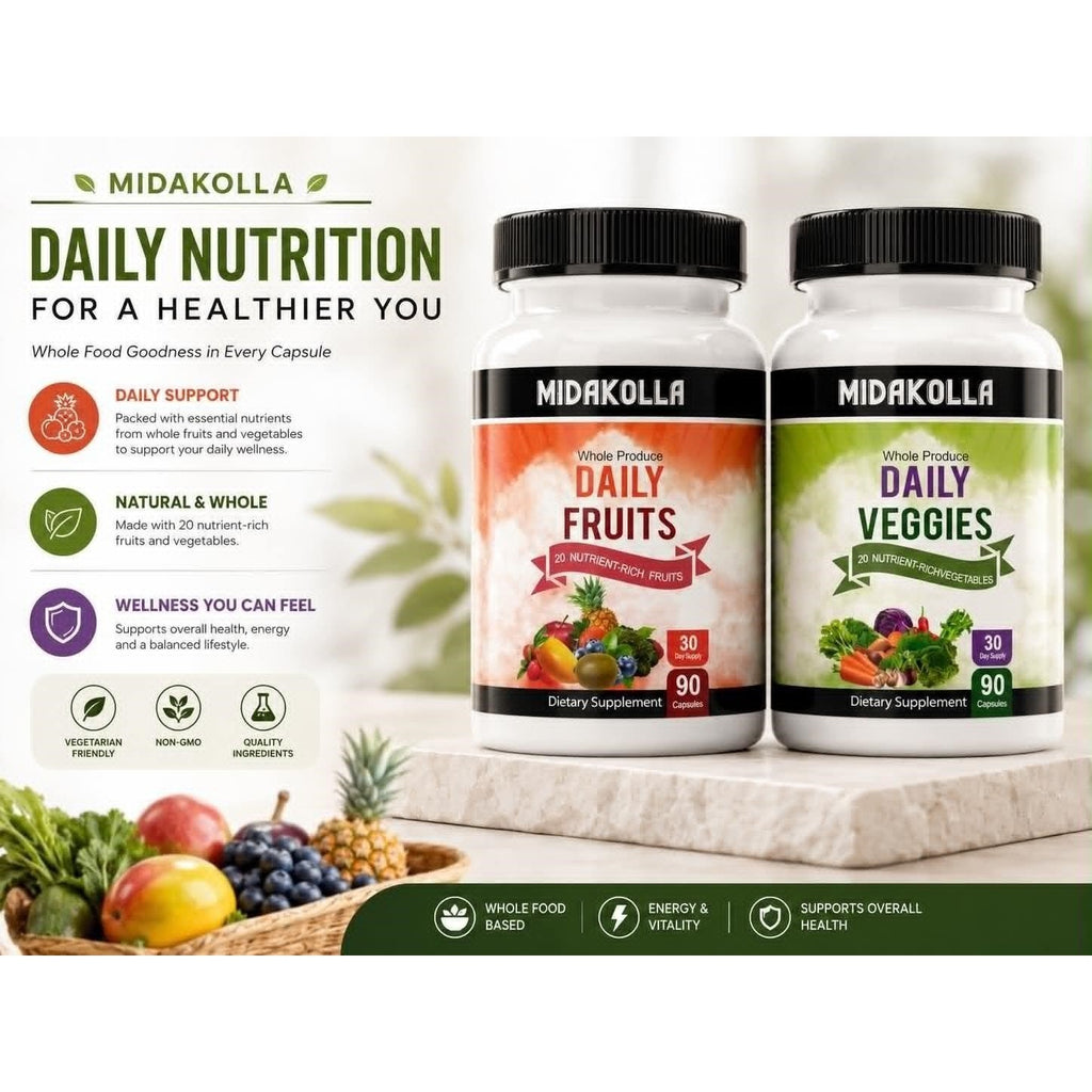Midakolla Daily Fruits & Veggies supplement box with 30 days' supply, featuring colorful fruit and vegetable images on the packaging.