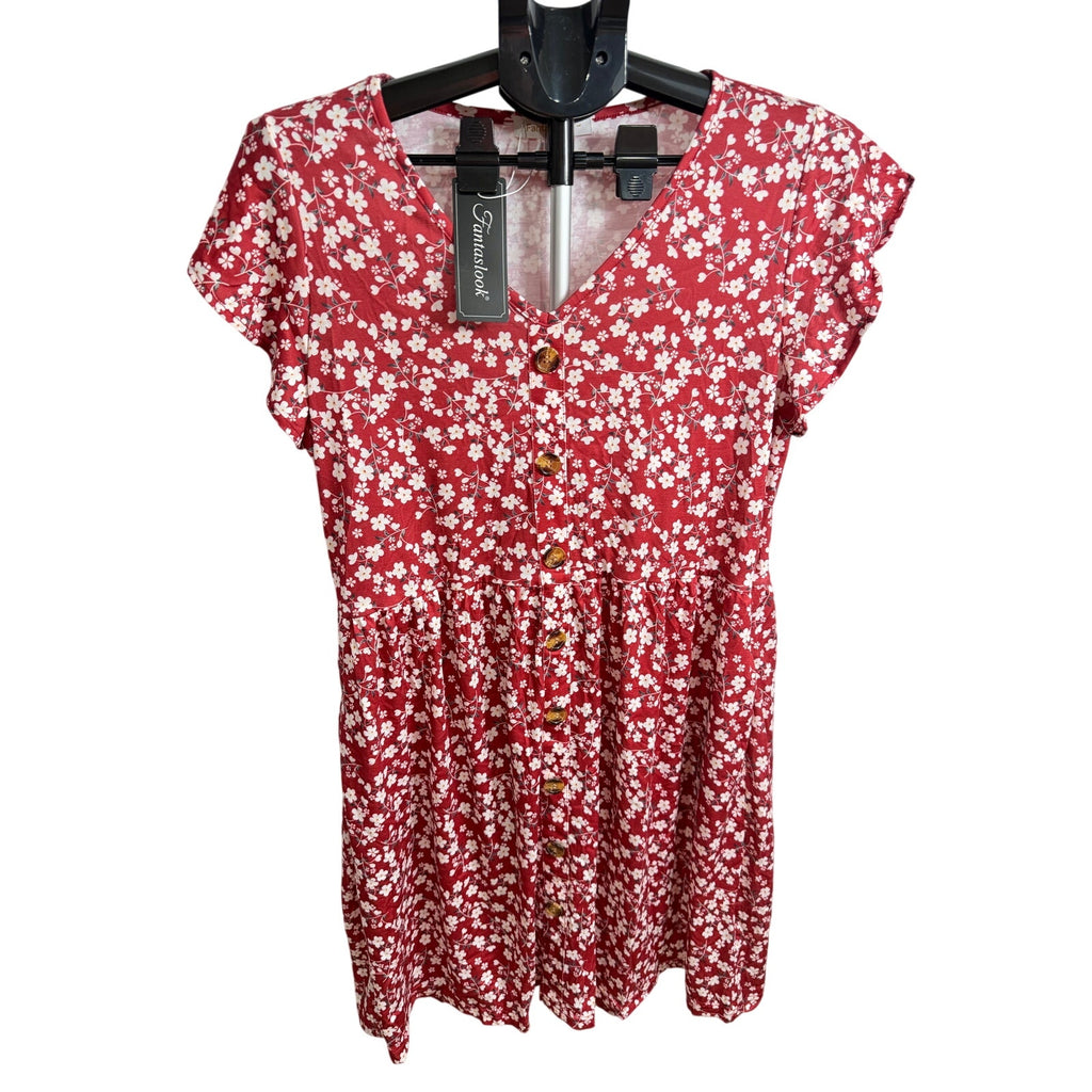 Fantaslook women's summer floral midi dress with v-neck, ruffle sleeves, and pockets in size L, shown on a model.