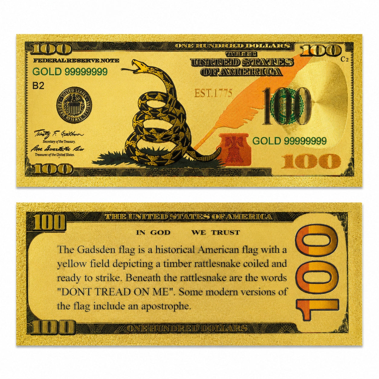 Gold-foil Gadsden Flag "Don't Tread on Me" note card by Republic Mercantile featuring the iconic snake design.