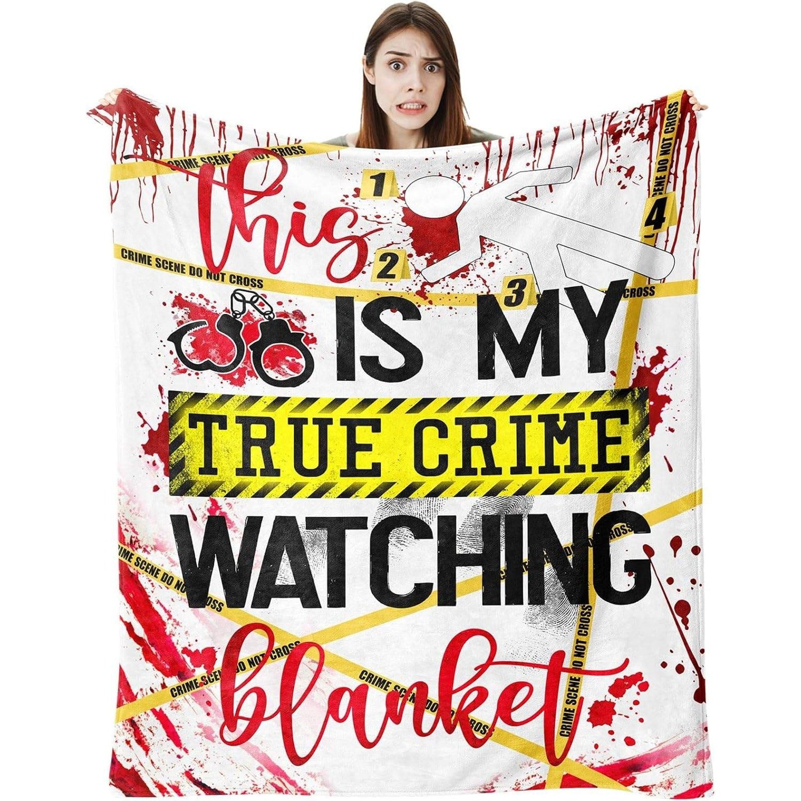 Vuinezo True Crime Blanket featuring detailed crime scene and detective motifs in soft, cozy fabric.