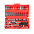 Republic Mercantile 46-piece tool set with red ratchet, socket attachments, and quick-release mechanism displayed in the image.