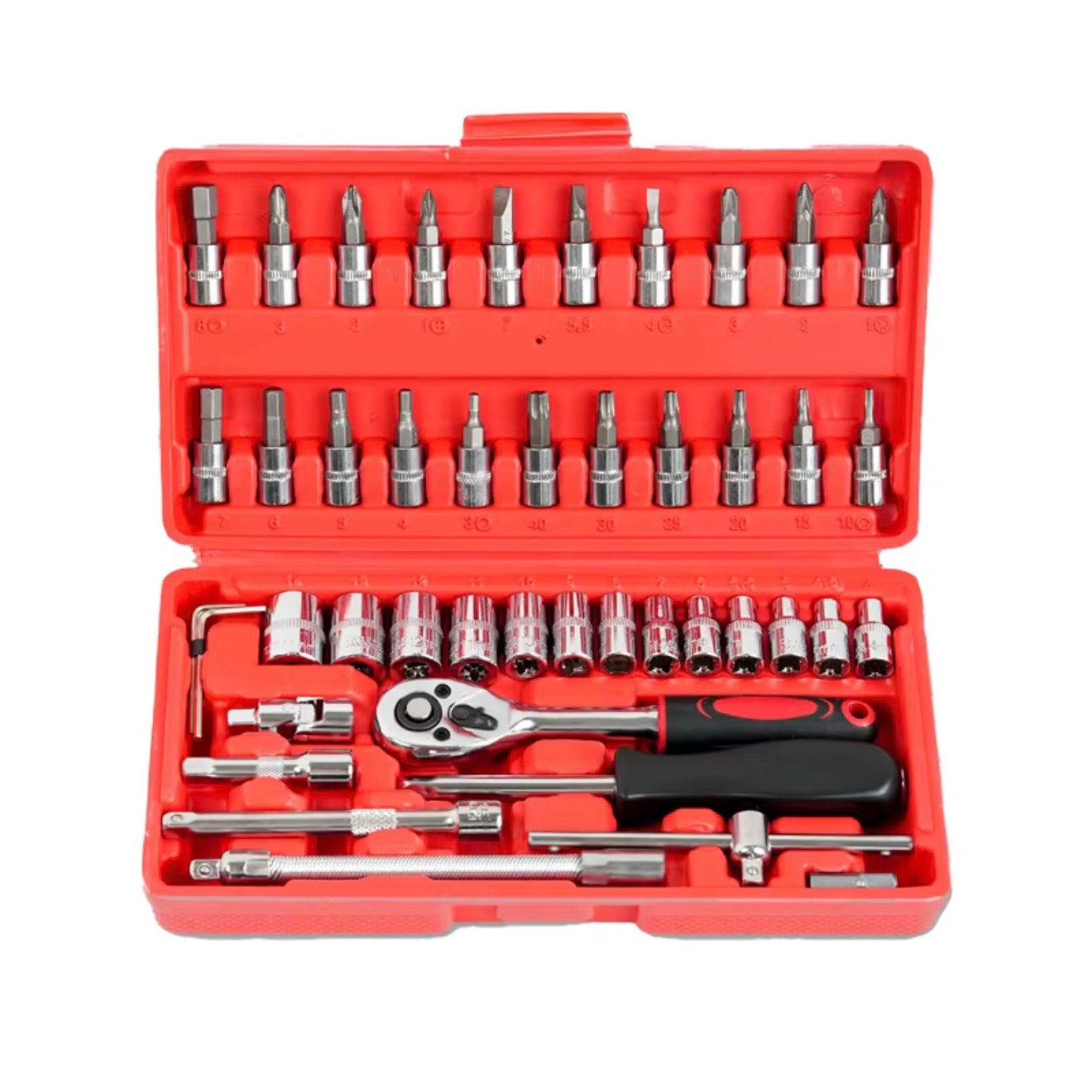 Republic Mercantile 46-piece tool set with red ratchet, socket attachments, and quick-release mechanism displayed in the image.